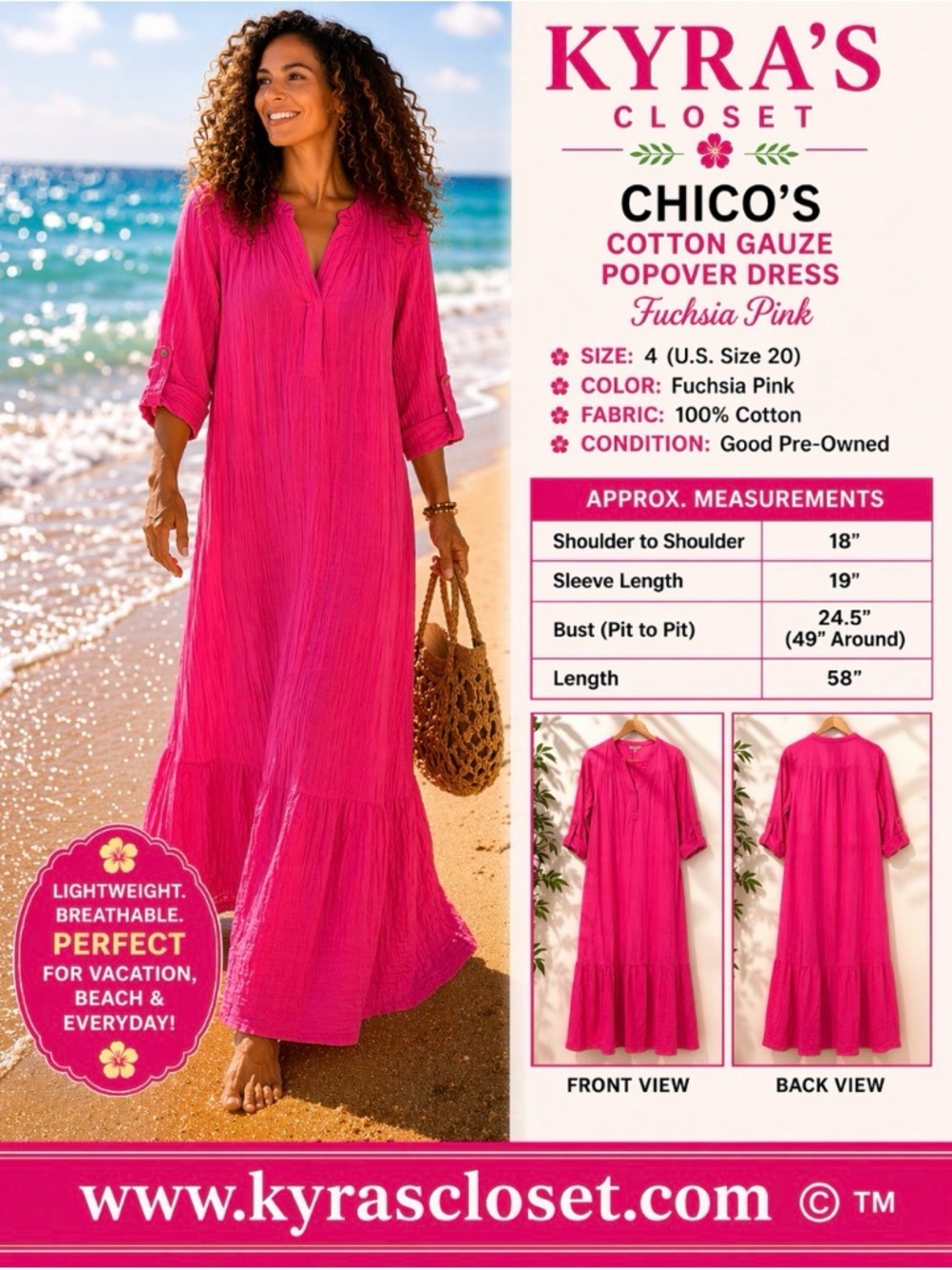 Chico’s Fuchsia Pink Cotton Gauze Maxi Dress Size 4 (US 20/22) Roll Tab Sleeve